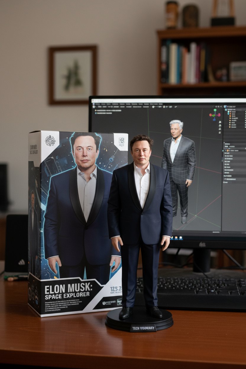 Turn this photo into a character figure.Behind it, place a box with the character's imageprinted on it, and a computer showing the blendermodeling process on its creen, ln front of the box,add a round plastic base with the character figurestanding on it. Set the scene indoors if possible.