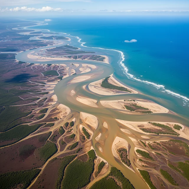 An aerial photograph of a huge, winding river delta, seen from high above. The intricate patterns of the sediment and water create a stunning natural abstract.