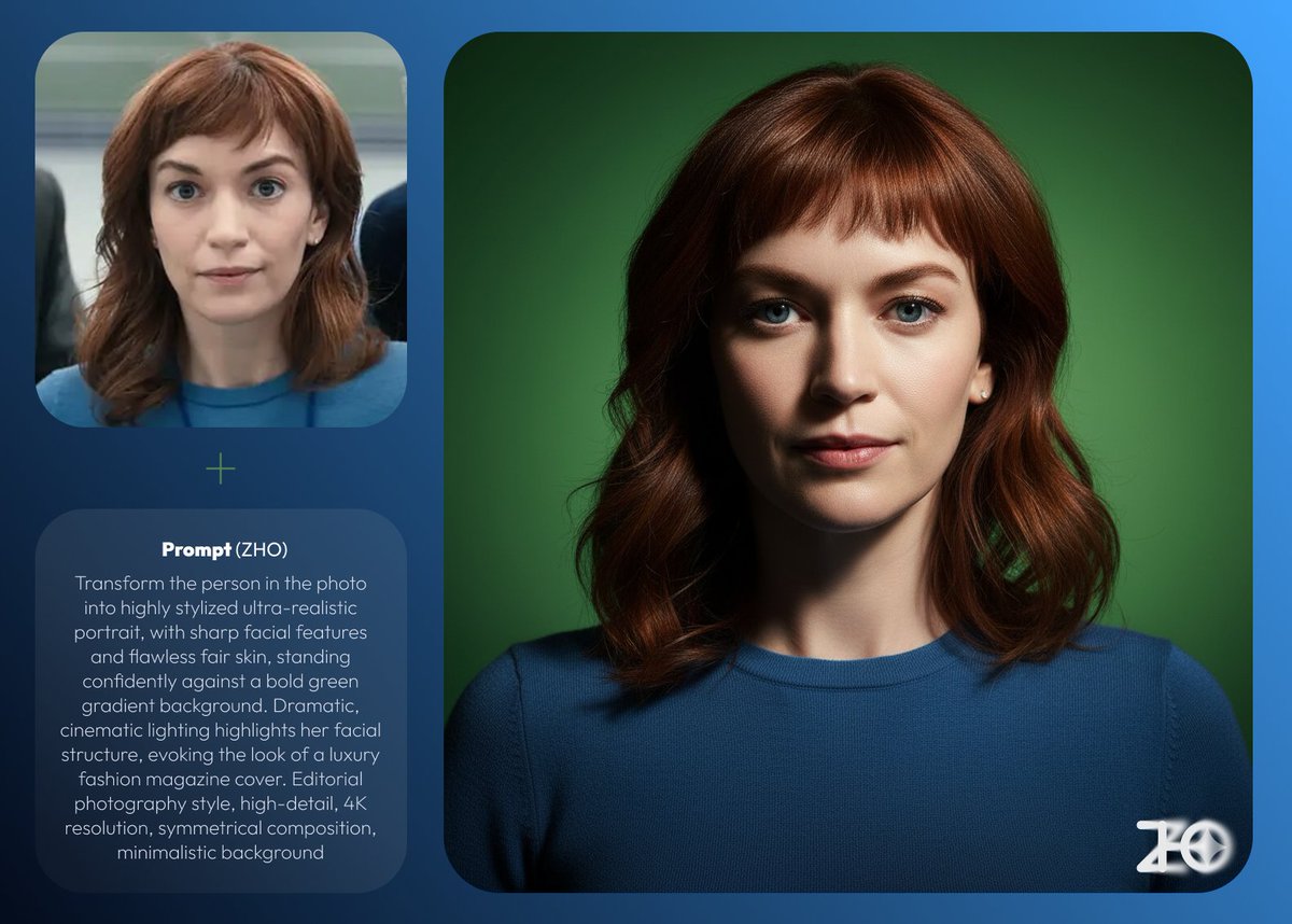 Transform the person in the photo into highly stylized ultra-realistic portrait, with sharp facial features and flawless fair skin, standing confidently against a bold green gradient background. Dramatic, cinematic lighting highlights her facial structure, evoking the look of a luxury fashion magazine cover. Editorial photography style, high-detail, 4K resolution, symmetrical composition, minimalistic background