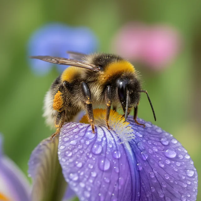A hyper-realistic macro photograph of a bumblebee, covered in pollen, landing on a single, dew-covered petal of a purple iris. The background is a soft, out-of-focus garden.
