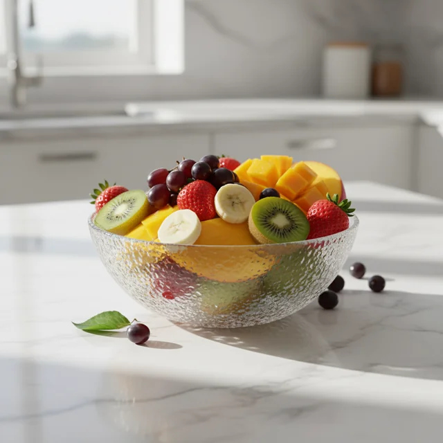 A photorealistic still life of a bowl of fresh, colorful fruit on a white marble countertop. The lighting is bright and clean, with subtle reflections and shadows on the surface.