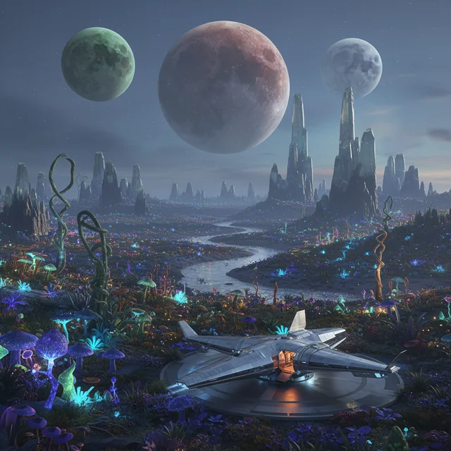 A hyper-realistic sci-fi landscape of a vibrant alien planet with multiple moons in the sky. The ground is covered in bioluminescent flora, and a sleek, futuristic starship is landed in the foreground.