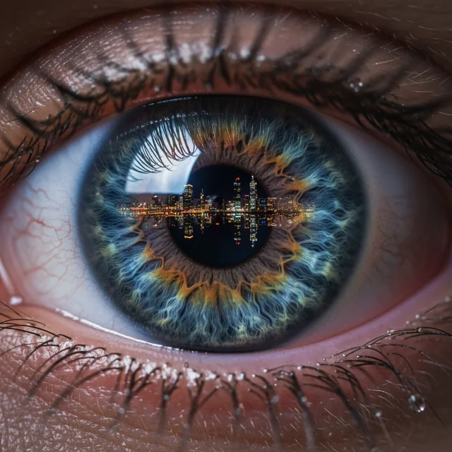An extreme close-up of a human eye with a complex, iridescent iris, reflecting a cityscape at night. The skin around the eye is highly detailed.