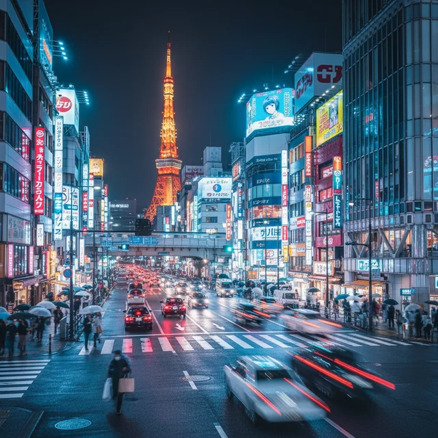 A photograph of a bustling Tokyo street at night, with a high shutter speed capturing the motion of people and cars as streaks of light. Neon signs illuminate the scene with vibrant color.