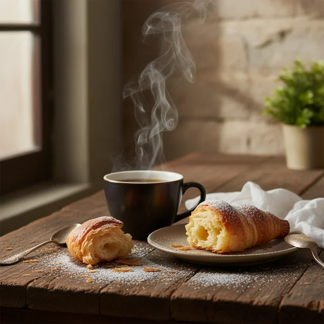 A photorealistic still life of a steaming cup of coffee and a half-eaten croissant on a rustic wooden table. The steam rises gently from the cup, and the crumbs from the croissant are scattered on the table.
